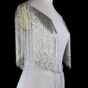 1930s gown, art deco beaded fringe silk chiffon, formal evening or wedding, silver gray, post flapper couture dress, sleeveless belted
