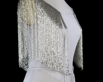 1930s gown, art deco beaded fringe silk chiffon, formal evening or wedding, silver gray, post flapper couture dress, sleeveless belted