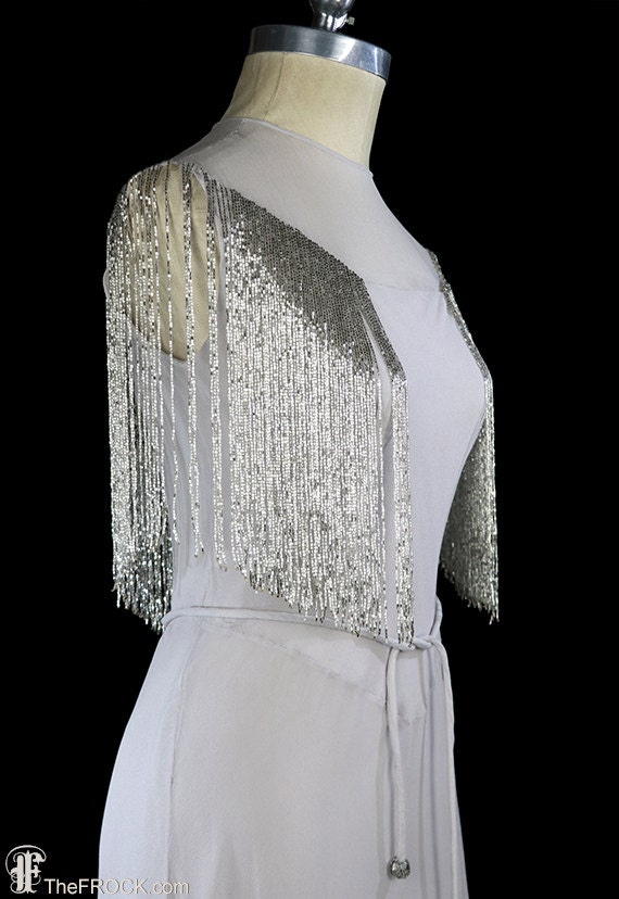 1930s gown, art deco beaded fringe silk chiffon, f