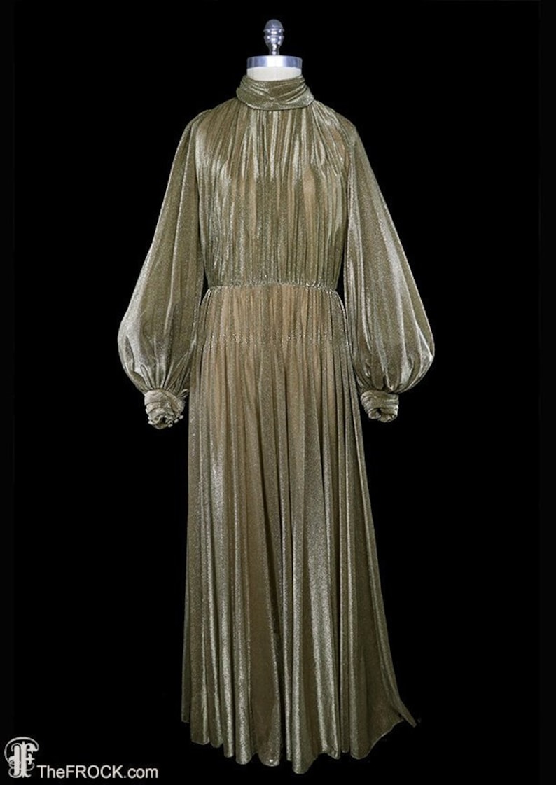 Luis Estevez maxi dress, gold metallic gown, bishop sleeves, 1960s 1970s 60s 70s gown grecian goddess, metallic lame, high neck floor length image 1