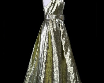 oscar de la renta gold lame dress Fall 1990 Oscar de la Renta Metallic Gold Silk Lame Dress w Brass Bell –  Shrimpton Couture main image 1