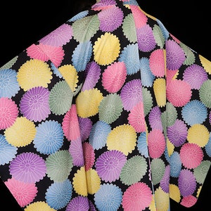 Vintage silk kimono, robe jacket dressing gown, haori, floral flowers patterned coat short op art bright color black pink blue yellow image 6