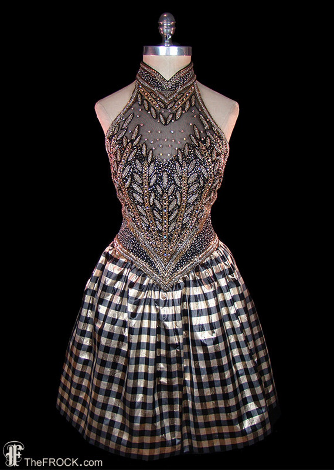 Oscar De La Renta Dress, Beaded Gold and Black Backless Halter