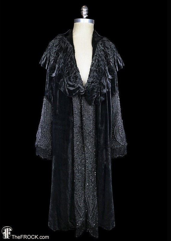 Antique jet beaded coat, black velvet silk jacket,