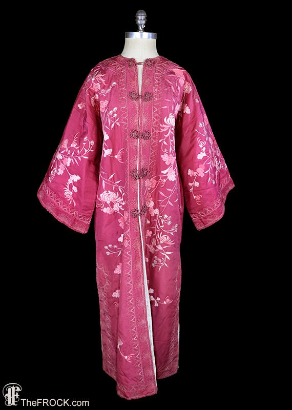 Antique kimono robe, embroidered silk, rose red, i