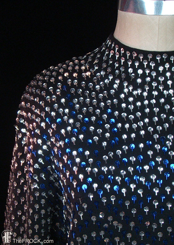 Buy Vintage Yves Saint Laurent Blue Silver Beaded Black Knit Sweater Dress  Silk Taffeta Hem, Long Sleeves, Mod, Space Age French Couture Online in  India - Etsy