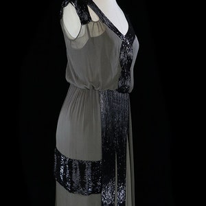 Art-deco beaded dress, 1920s 1930s, flapper, silk chiffon, green black, antique couture, Great Gatsby era, sleeveless, heavily beaded, rare image 4