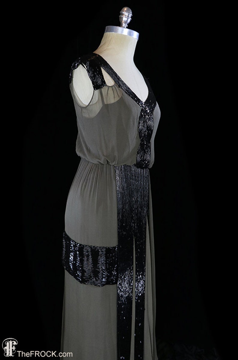 Art-deco beaded dress, 1920s 1930s, flapper, silk chiffon, green black, antique couture, Great Gatsby era, sleeveless, heavily beaded, rare image 4