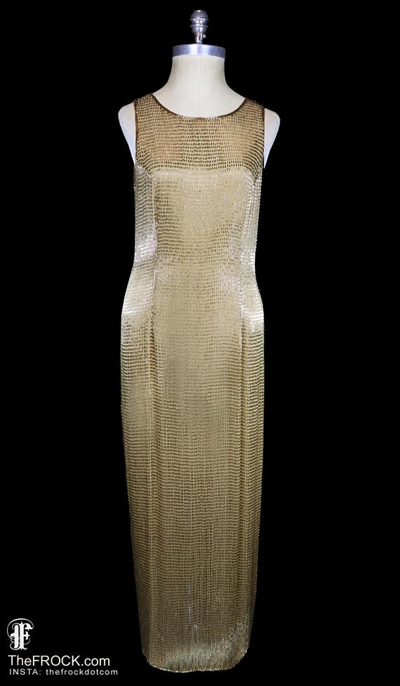 halston gold dress beaded dress, glass gown sleeveless silk chiffon 1970s 1980s couture heavily beaded Evening gowns