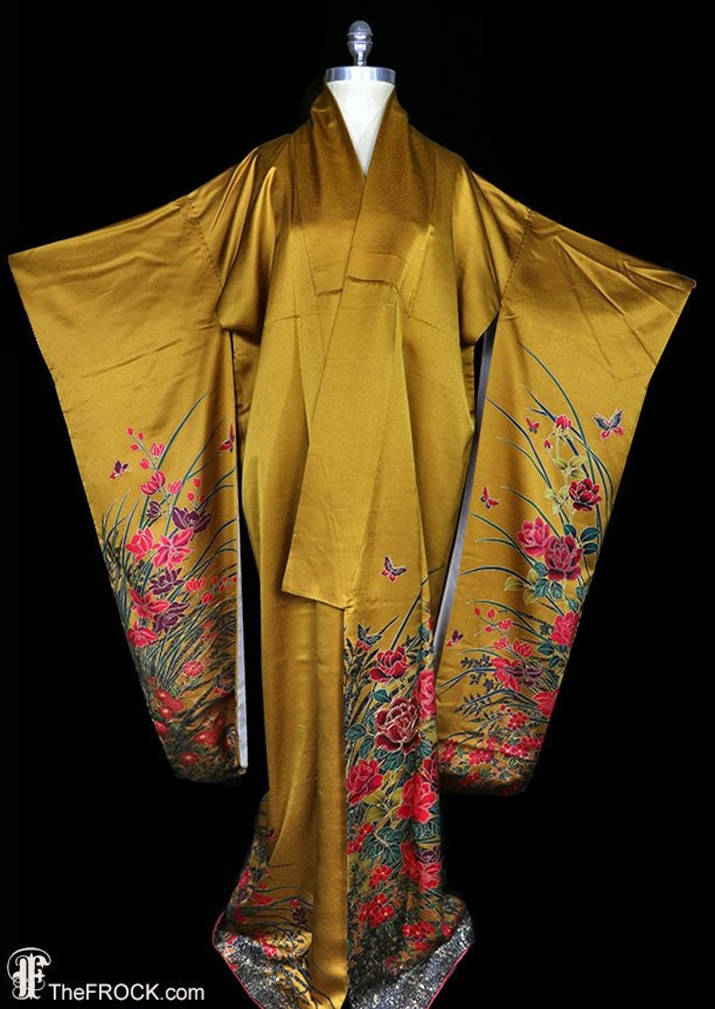Bronze Silk Kimono, Robe or Coat or Dressing Gown, Floral Furisode