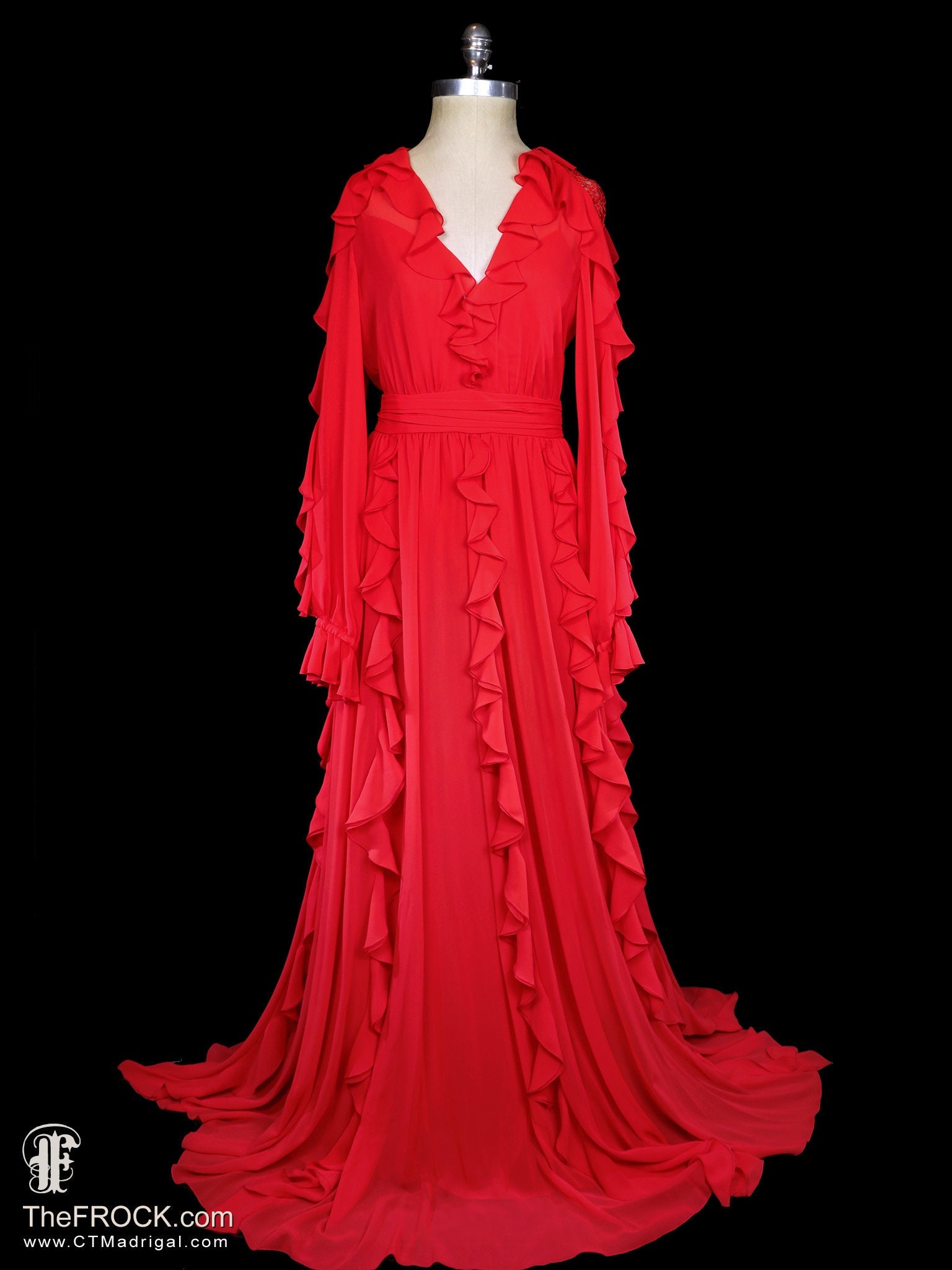 Zuhair Murad Red Maxi Dress, Ruffled Chiffon Lace Grecian Goddess