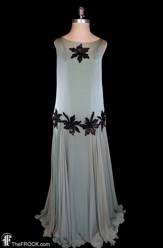 1920s beaded sequined silk chiffon gown, art deco 