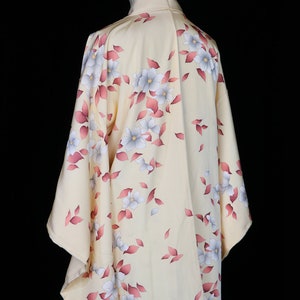 Yellow silk haori kimono, robe or jacket or dressing gown, vintage flowers floral trees leaves blossoms, short, long sleeves, pink white image 6