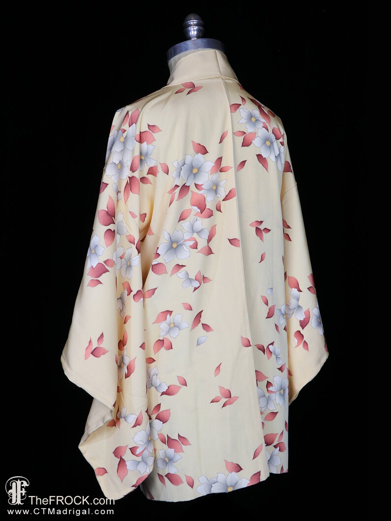 Yellow silk haori kimono, robe or jacket or dressing gown, vintage flowers floral trees leaves blossoms, short, long sleeves, pink white image 6