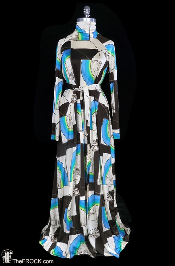 Mr Blackwell dress, jersey maxi halter gown 1960s 