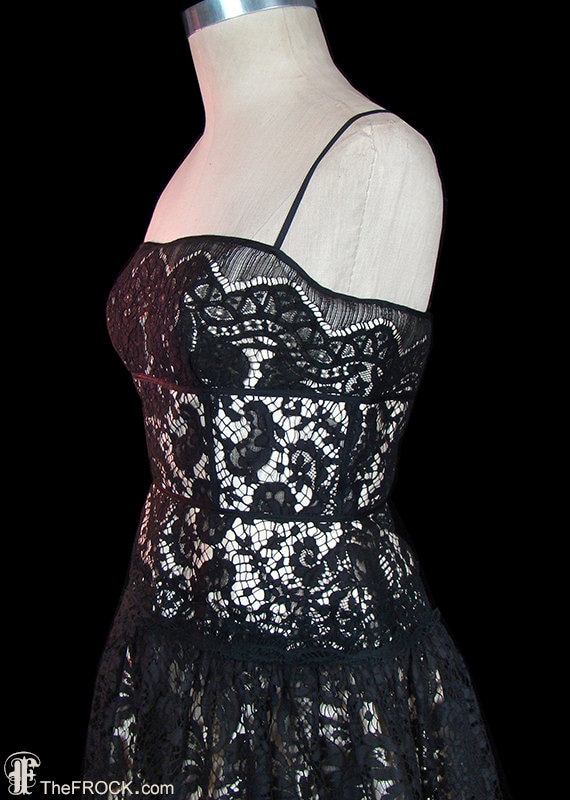 David Fielden black lace dress over ivory silk sa… - image 1