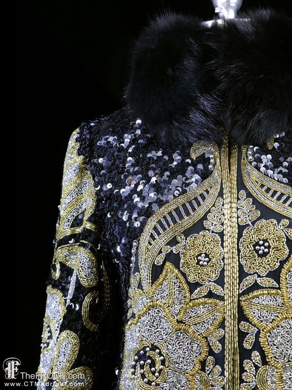 Beaded jacket with fox fur collar, black gold met… - image 2