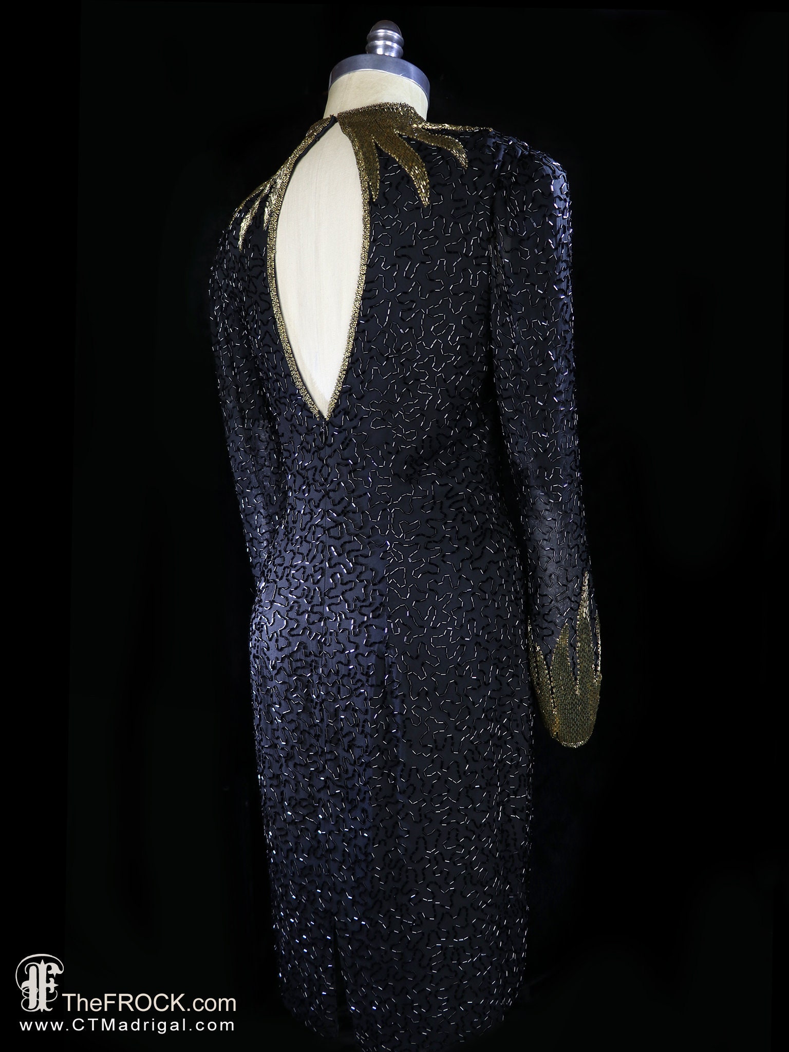 SAKS Beaded Dress Gold Black Bugle Bead Cocktail Gown Silk Chiffon