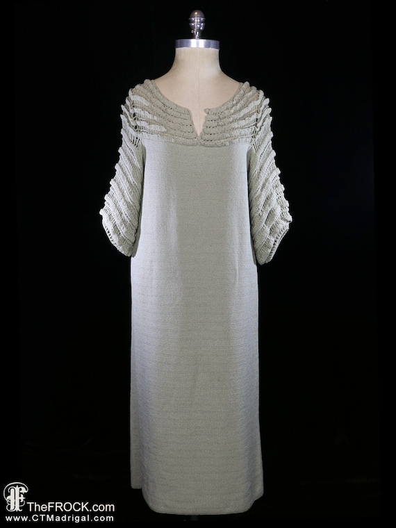 Crochet knit dress, vintage beige tan stretchy ope