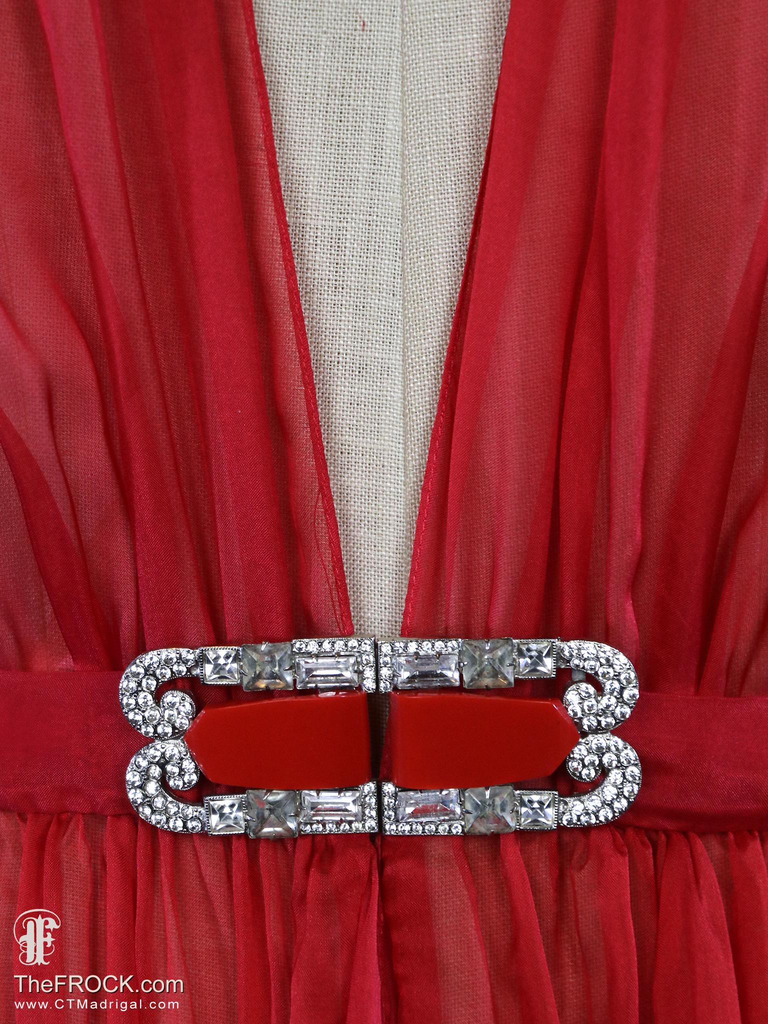 Vintage Red Dressing Gown, Art Deco Glass Buckle, Silk Chiffon Dress or ...