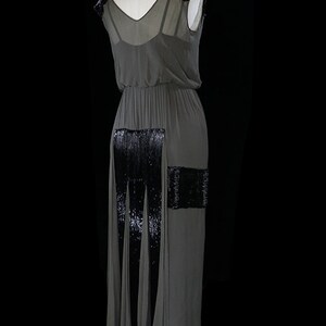 Art-deco beaded dress, 1920s 1930s, flapper, silk chiffon, green black, antique couture, Great Gatsby era, sleeveless, heavily beaded, rare image 5