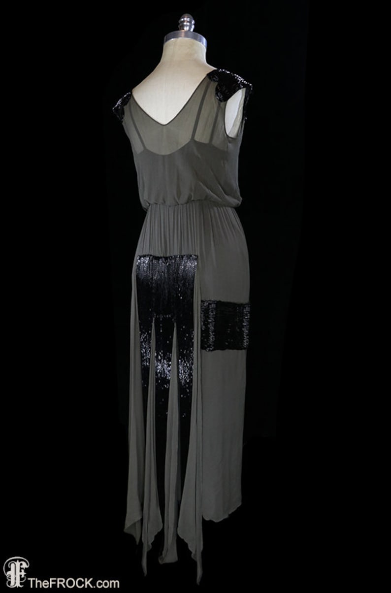 Art-deco beaded dress, 1920s 1930s, flapper, silk chiffon, green black, antique couture, Great Gatsby era, sleeveless, heavily beaded, rare image 5