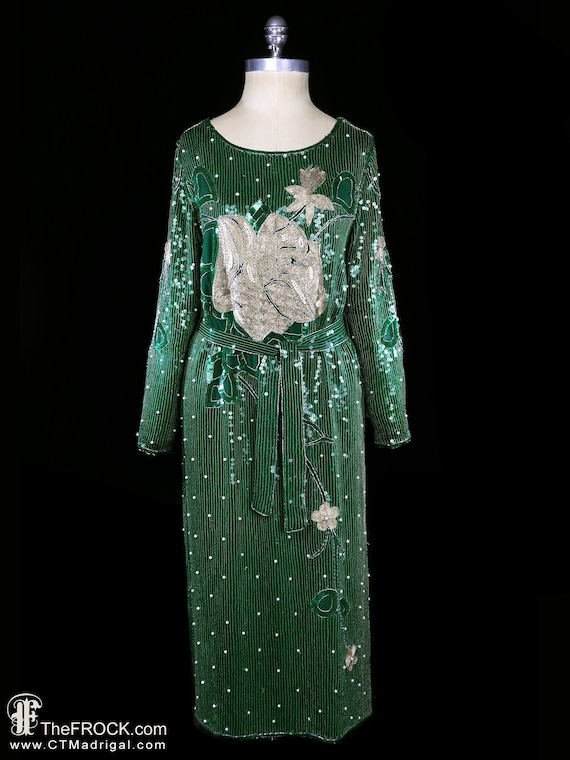 1970s sequin dress, green beaded gown belted, lon… - image 1