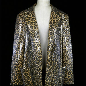 Chaqueta blazer con lentejuelas TRAVILLA, abrigo de seda con estampado de leopardo y guepardo con cuentas de los años 60, 70 y 80, chaqueta de noche de diseñador vintage de alta costura con parte delantera abierta