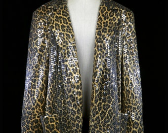 TRAVILLA blazer met lovertjes, cheetah-luipaardprint met dierenzijdeprint kralen 60s 70s 80s jas, vintage designer couture avondjas met open voorkant
