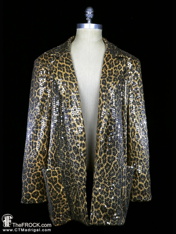 TRAVILLA Sequin Jacket Blazer, Leopard Cheetah Animal Silk TRAVILLA Sequin Jacket Blazer, Leopard Cheetah Animal Silk