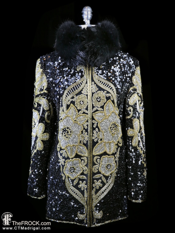 Beaded jacket with fox fur collar, black gold met… - image 1