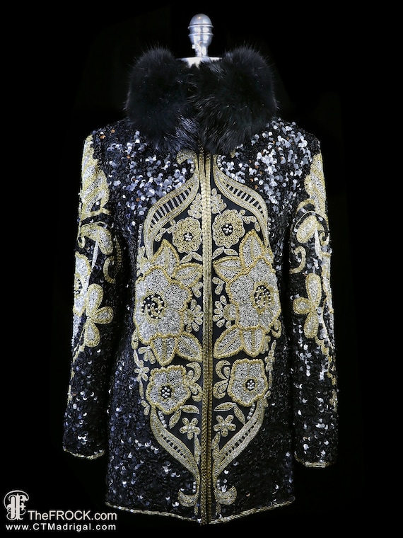Beaded Jacket With Fox Fur Collar Black Gold Metallic Evening Opera Coat Russian Style 1980s 80s 1970s 1990s Heavily Beaded Sequined Etsy Canada