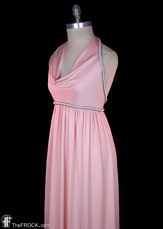 Halston Beaded Pink Jersey Halter Dress, Rhinestone & Pearl Beadwork ...