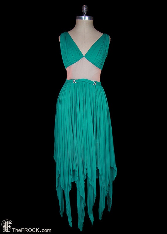 1960s sleeveless chiffon Grecian goddess dress with hankie hem, green and beige skin tone color blocked, rhinestone decorated waist, vintage
