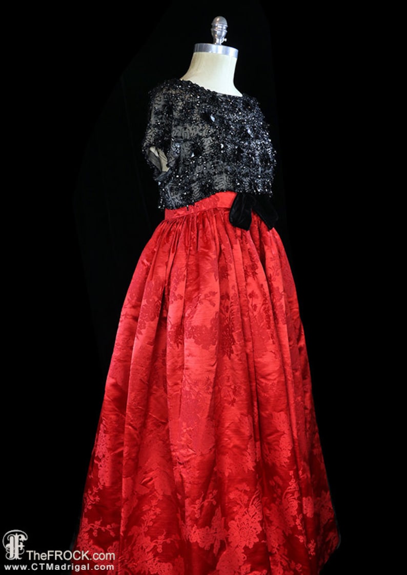 Balenciaga red silk gown, heavily beaded dress, red black couture evening, floor length maxi short cap sleeves, velvet satin damask taffeta image 4
