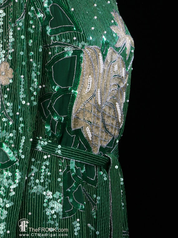 1970s sequin dress, green beaded gown belted, lon… - image 4