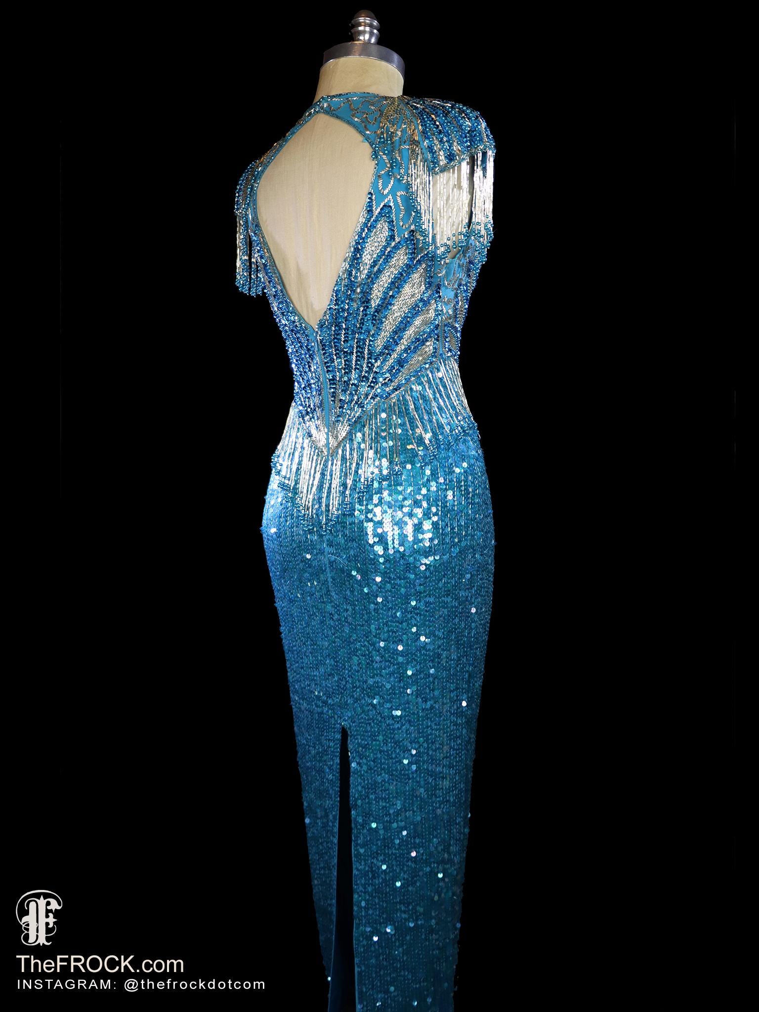 1980s SAKS 5th AVE beaded fringe silk gown heavily beaded dress evening formal red carpet 80s trophy fitted body con blue silver open back