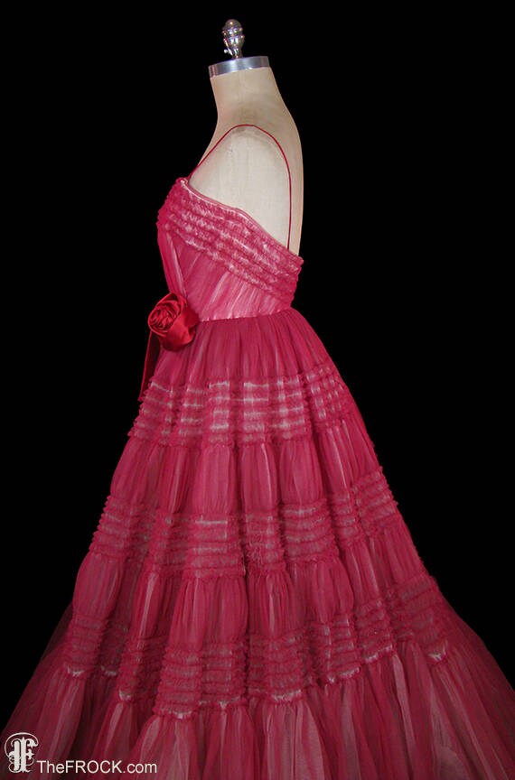 Midcentury red tulle gown 1940s 1950s  ballgown d… - image 5