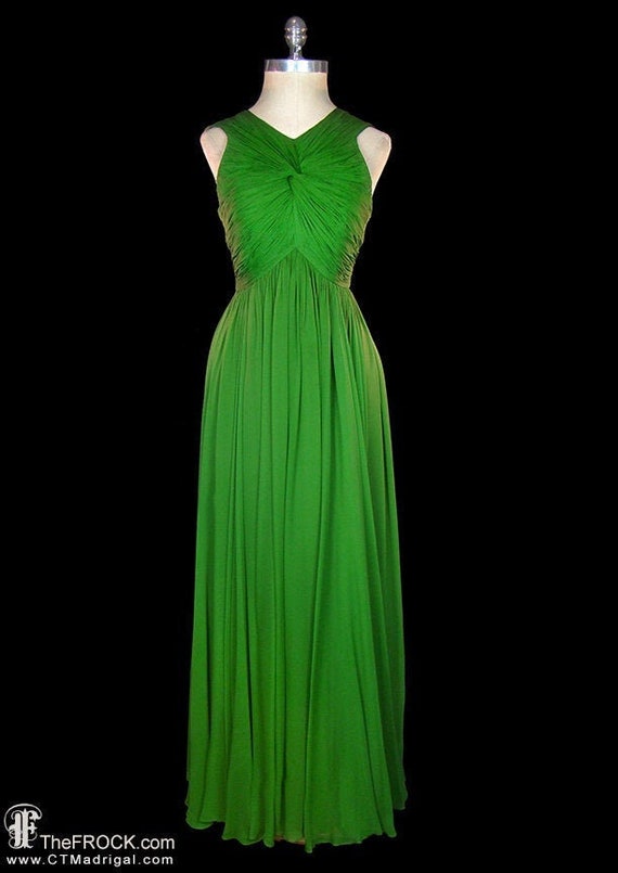 Jean Dessès gown, vintage green silk chiffon godde