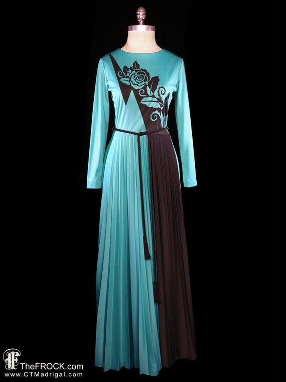 1960 Op Art Maxi Dress, Alfred Shaheen Aqua Blue Black Poly Knit Jersey Gown Long Sleeve 60s 70s Bohemian Mod Modernist Cubist Disco OpArt