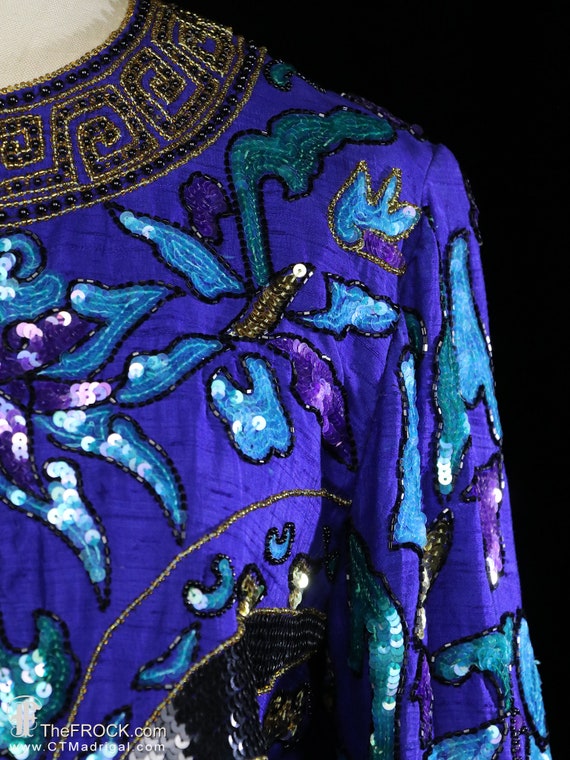 Beaded silk jacket, long sleeve evening coat, blu… - image 3