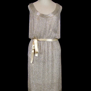 Norman Norell dress, glass beaded sleeveless tank dress, heavily beaded couture gown, metallic silver gold beaded silk