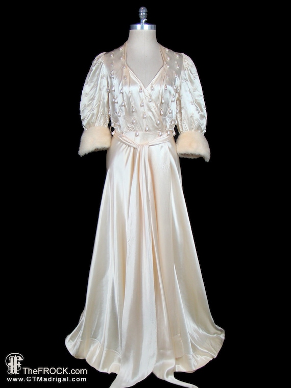 retro dressing gown 1940s Robe Dressing Gown, Antique 1930s 1950s Pearl Beaded Ivory Dress Gown Coat, Mink Fur Cuffs Old Hollywood Jean Harlow Style Couture