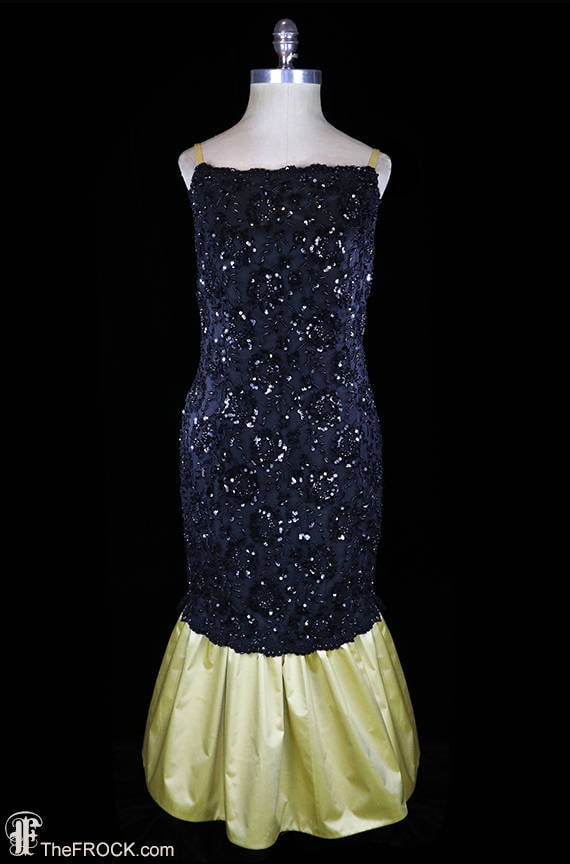 Oscar de la Renta sequined & beaded lace dress, gold yellow silk taffeta ruffled trumpet fishtail hem, couture, party evening red carpet