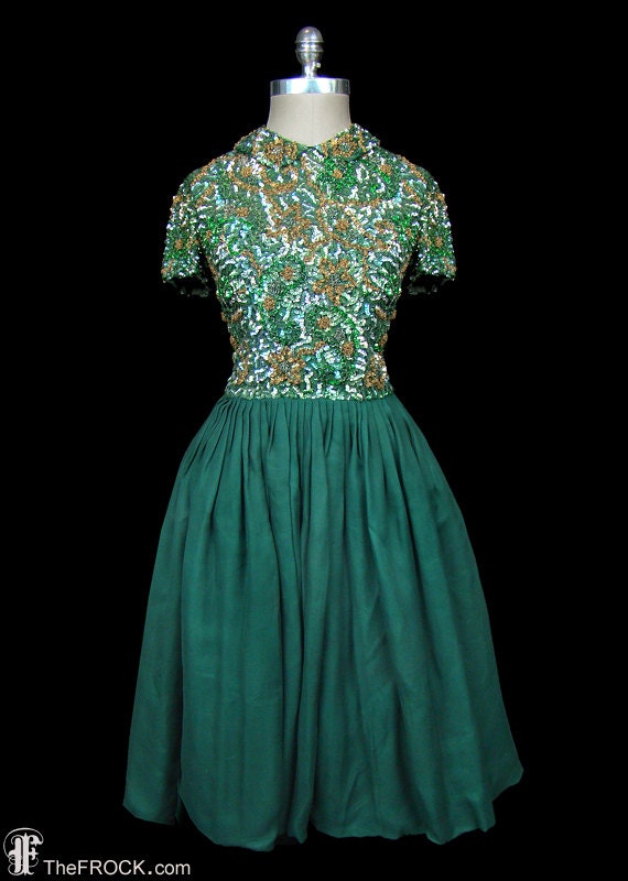 1950s sequined beaded dress, green silk chiffon, P