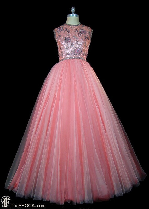 1950s beaded sequin tulle gown, evening, prom, re… - image 1