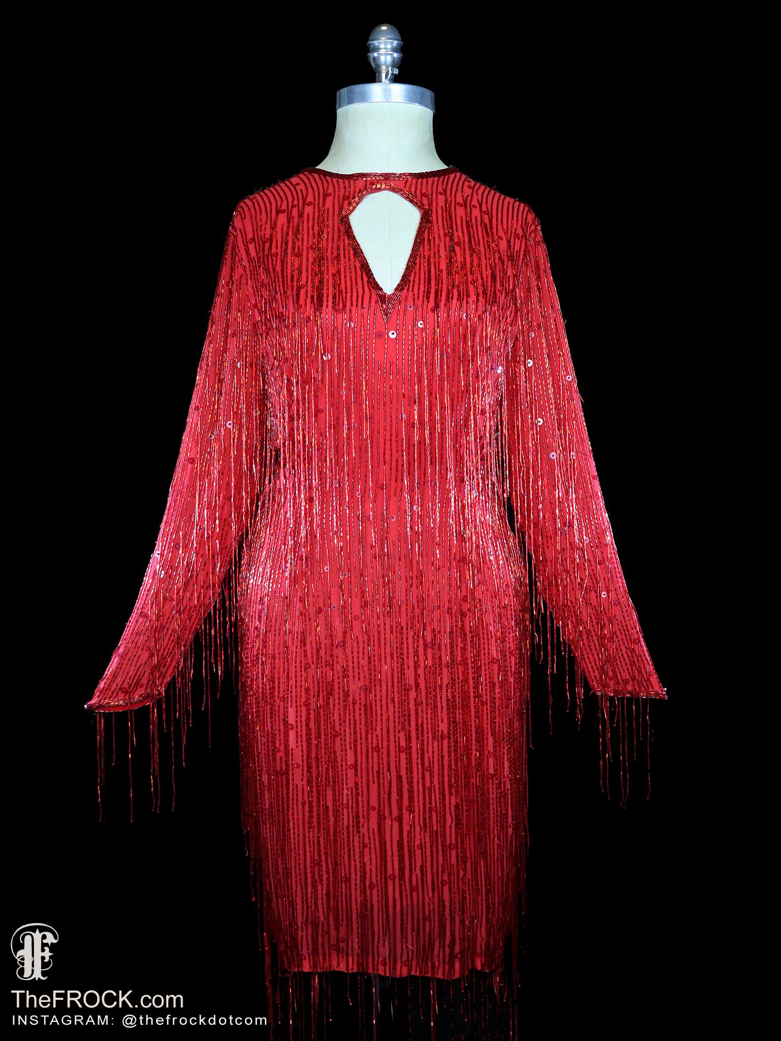 Red Beaded Fringe Evening Dress Long Sleeve Cocktail Gown Silk