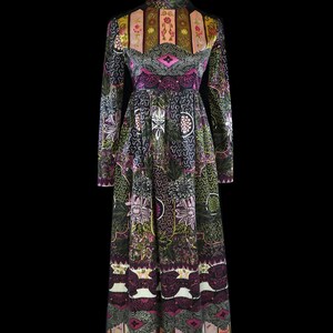 Yves Saint Laurent editorial maxi dress French couture gown boho bohemian eastern tribal patterned velvet long sleeve abstract print