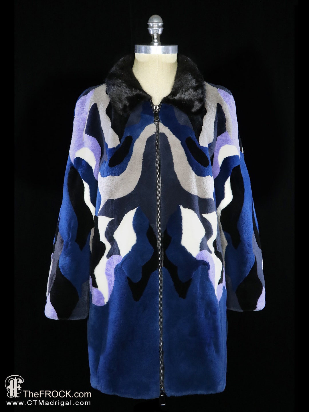 Sheared Mink Fur Coat, Blue White Ivory Black Gray Jacket Op Art