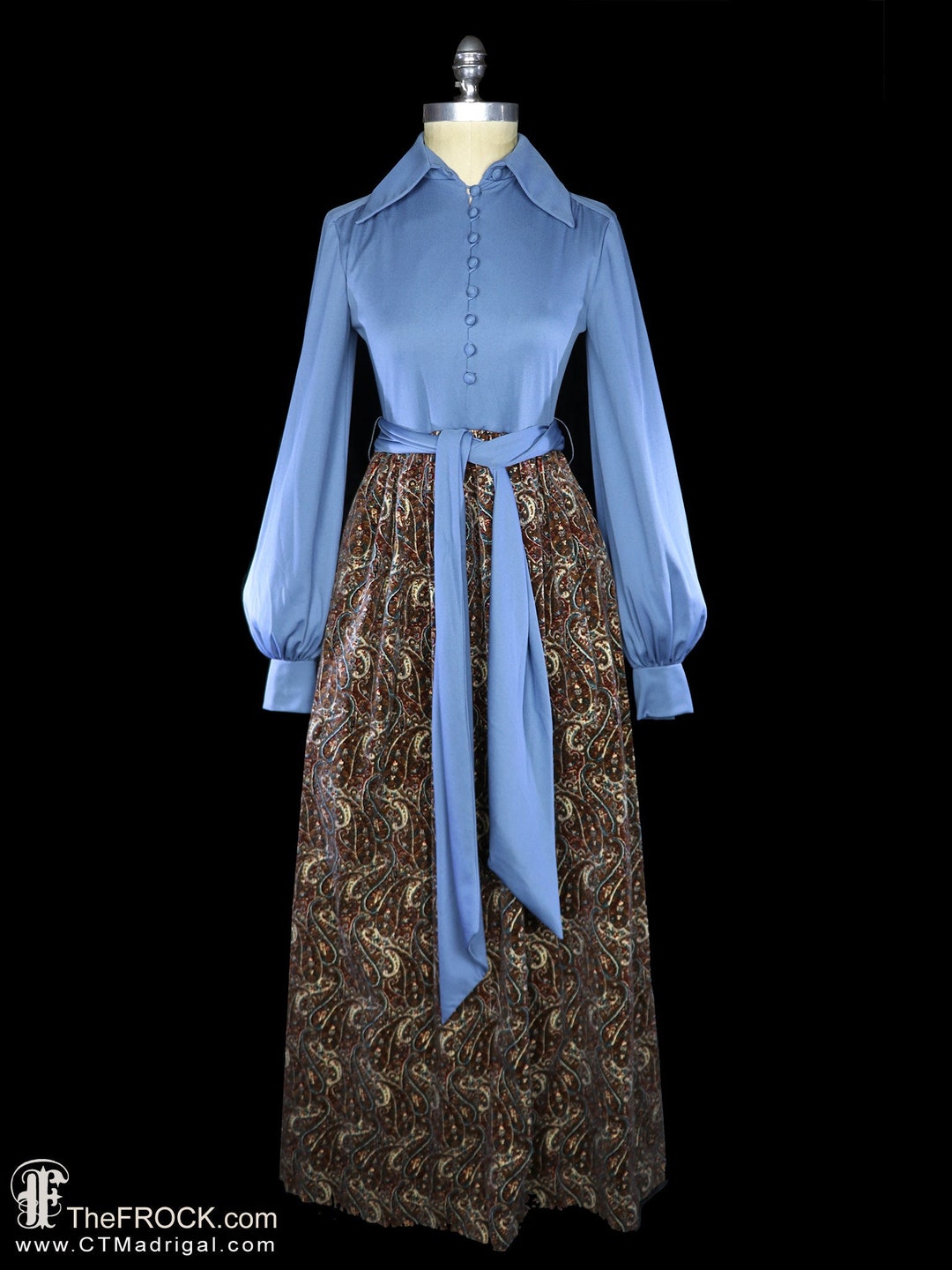 Geoffrey Beene Boutique jersey and velvet maxi dress, long bishop sleeves, belted waist tie, blue jersey knit designer couture pattern print